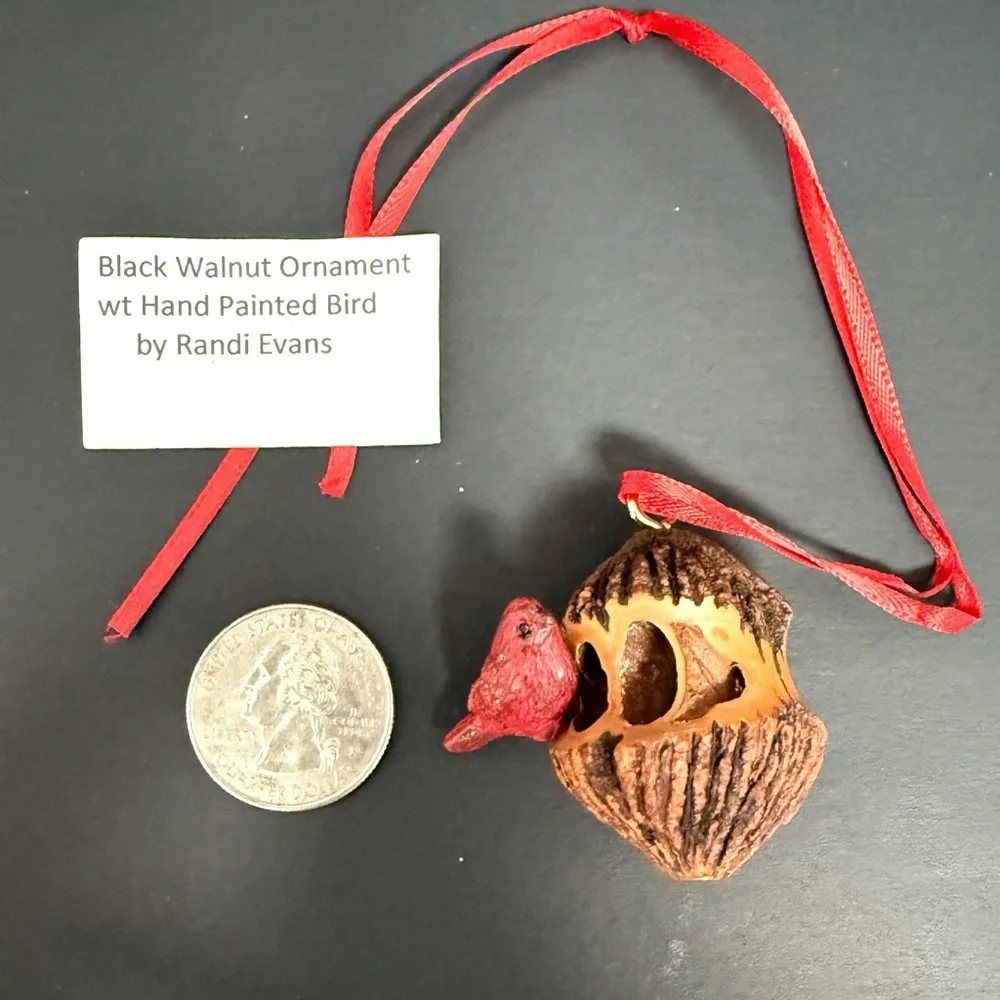 Handmade Hand-Painted & Carved Black Walnut Christmas Ornament with Red Bird